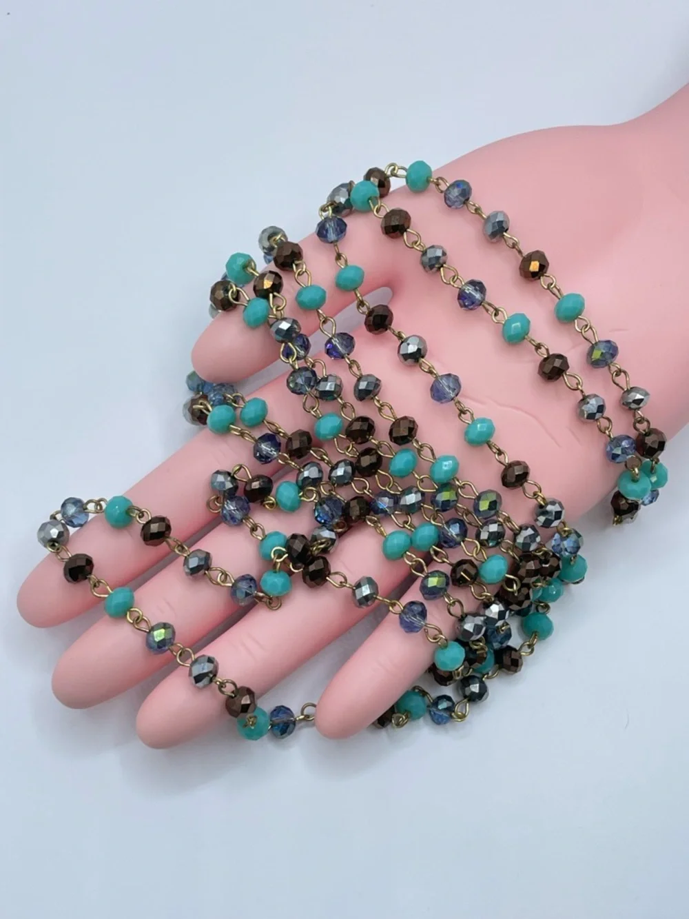 56” Multicolor Faceted Glass Beaded Necklace Gold Tone Long Layering Chain